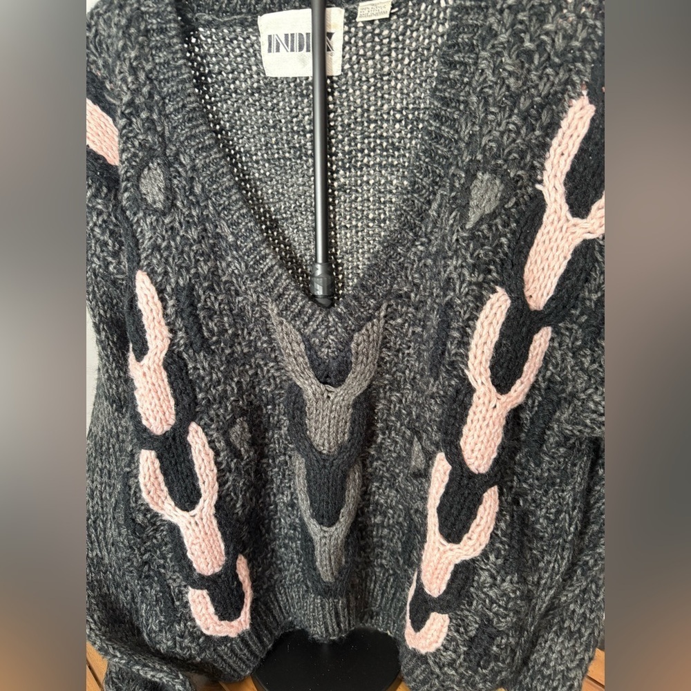 Vintage INDEX 80’s Chunky Cable Knit Gray N Pink Sweater Women’s Size Large Warm - Picture 5 of 12